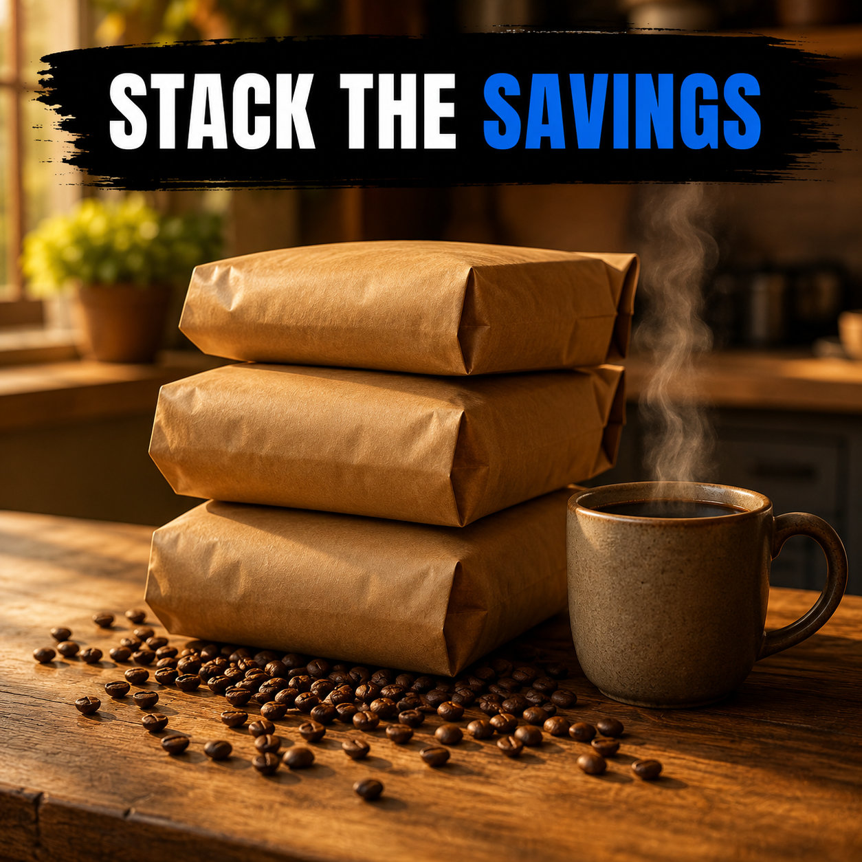 Three coffee bags stacked beside a steaming mug: stack the savings